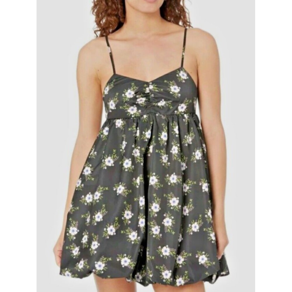 Free People Black Floral Mini Dress with White & Green Accents
